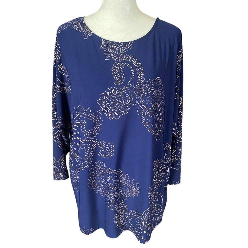 Susan Graver small blue and gold paisley 3/4 sleeve stretchy pullover top blouse